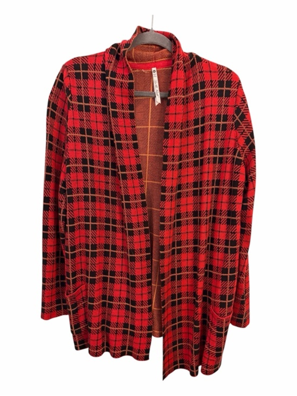 LEO & NICOLE L Red Plaid Open Front Long Cardigan